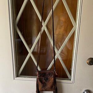 Montana West Brown Haircalf Tooled Fringe Crossbody Bag